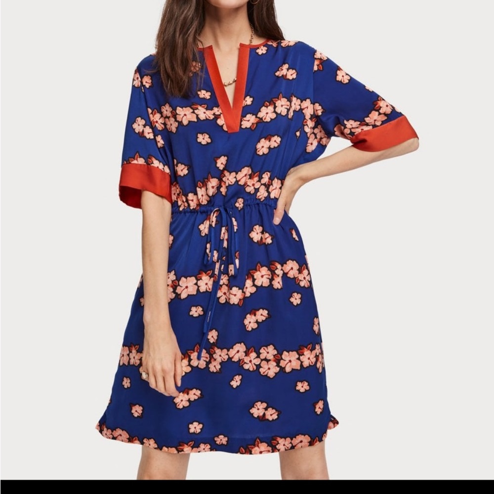 Maison Scotch and Soda hibiscus print dress SMALL silky fabric drawstring waist